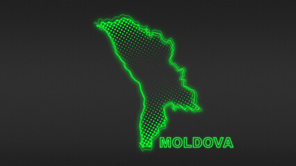 Neon Green Moldova Map Outline Futuristic Digital Glow Halftone Illustration