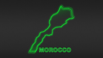 Neon Green Morocco Map Outline Futuristic Digital Glow Halftone Illustration
