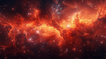 Fototapeta premium Dramatic image of a red and orange stellar nebula with glowing stars scattered across a black cosmic sky, detailed celestial dust and realistic depth with copy space in upper frame