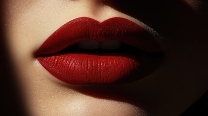 Fototapeta premium Close-up of woman's lips with red lipstick, dramatic lighting