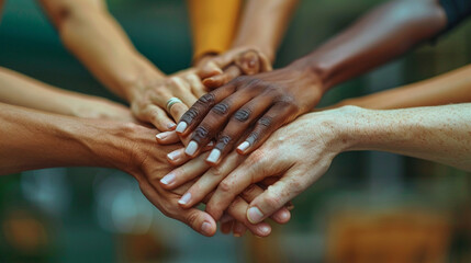 Close-up of diverse hands stacked together symbolizing teamwork and unity, natural skin textures and soft lighting in a professional setting