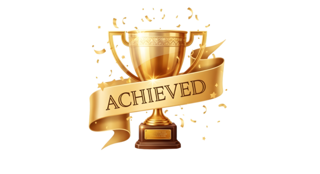 Golden trophy with ribbon that says achieved and confetti, isolated on transparent background