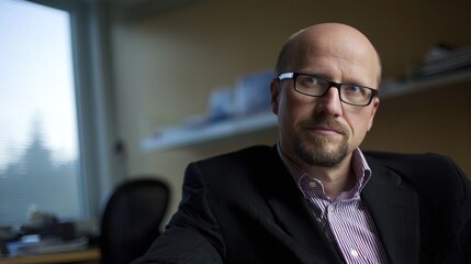 formal. Focused male professional at a minimalist desk, bathed in soft left-side window light. pitch deck slides, case study pages, designed for corporate presentation decks and stakeholder reports.