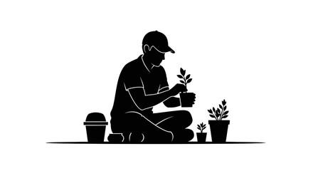 Man carefully potting young plant seedlings in serene gardening scene