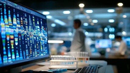 A team validates gene edits in a sequencing lab with DNA sequencers humming screens displaying base calls sample tubes in racks and technicians analyzing data shown in a high - Powered by Adobe