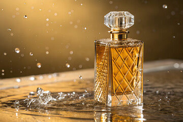 Luxury perfume bottle with golden liquid and crystal cap, standing on reflective surface with water splash effect. Elegant fragrance concept on warm golden background.