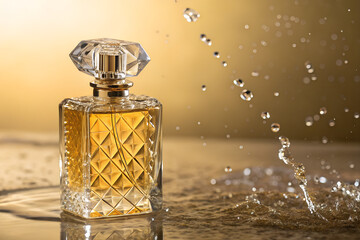 Luxury perfume bottle with golden liquid and crystal cap, standing on reflective surface with water splash effect. Elegant fragrance concept on warm golden background.