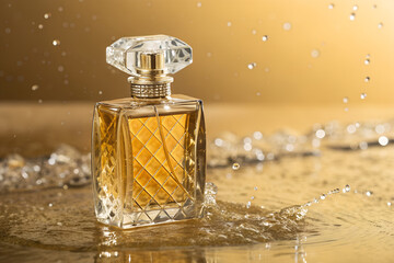Luxury perfume bottle with golden liquid and crystal cap, standing on reflective surface with water splash effect. Elegant fragrance concept on warm golden background.