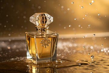 Luxury perfume bottle with golden liquid and crystal cap, standing on reflective surface with water splash effect. Elegant fragrance concept on warm golden background.