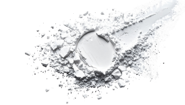 A pristine, white powder spills and crumples over a dark background.  A circular indentation is noticeable