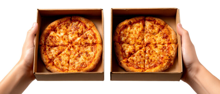 Hands Holding Two Delicious Pepperoni Pizzas in Cardboard Boxes Isolate on Transparent Background, cutout, png
