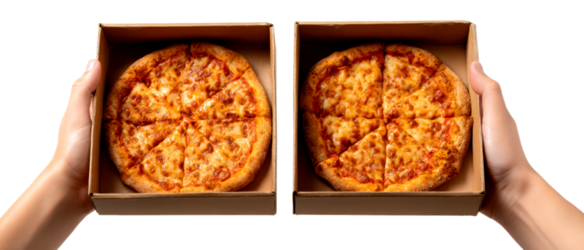 Hands Holding Two Delicious Pepperoni Pizzas in Cardboard Boxes Isolate on Transparent Background, cutout, png