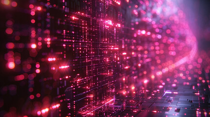 Obraz premium High-detail shot of a glowing magenta hologram with abstract alien symbols, displayed in a dark ambient tech environment with subtle light flicker and futuristic tones.
