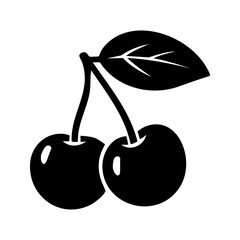 Black silhouette of cherry fruit with leaf. Minimal vector fruit illustration for icons, logos, food, natural design and decoration