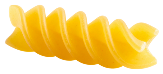 closeup of one raw fusilli pasta isolated on white background