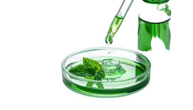 Green liquid being dispensed into a petri dish with mint leaves