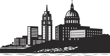 Fototapeta premium Vector art of black and white vector silhouette of the city of madison, wisconsin skyline with lake