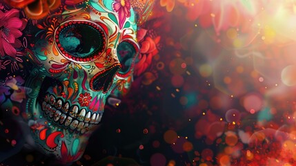 Colorful sugar skull with intricate floral designs, Day of the Dead in Mexico. dark red background, bokeh effect. horizontal banner, copy space, free space for text