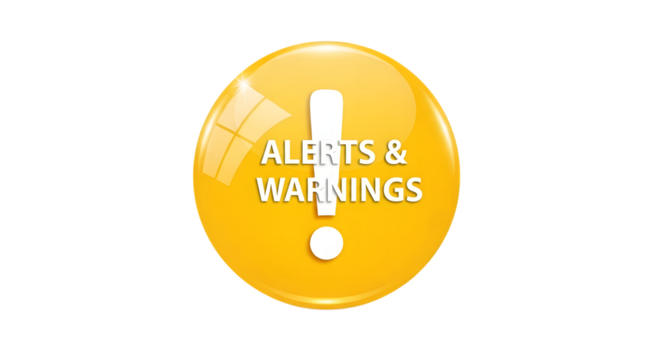 Yellow circular alert and warning sign with exclamation mark isolated on transparent background