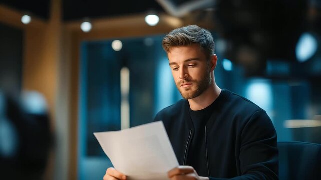 An actor reads for a film role in a casting studio with a script open a camera zooming a director taking notes and a clock ticking shown in a tense photo with paper creases