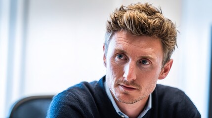 formal. Focused male professional at a minimalist desk, bathed in soft left-side window light. pitch deck slides, case study pages, designed for corporate presentation decks and stakeholder reports.