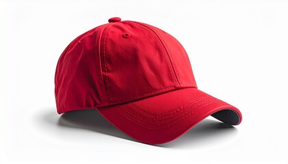 Red baseball cap with curved brim and structured crown on white background
