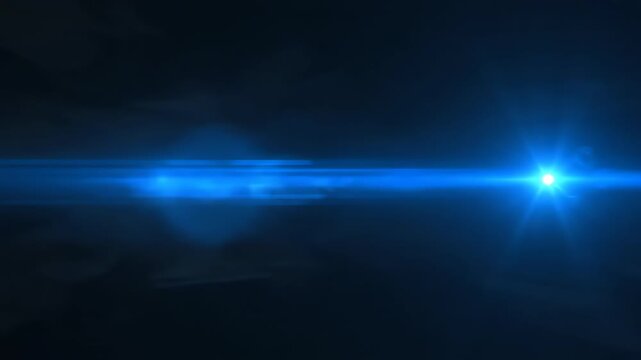 An intense blue anamorphic lens flare radiates and streaks across a dark, abstract background, providing a dynamic, seamlessly looping sci-fi element connection, futuristic, graphic