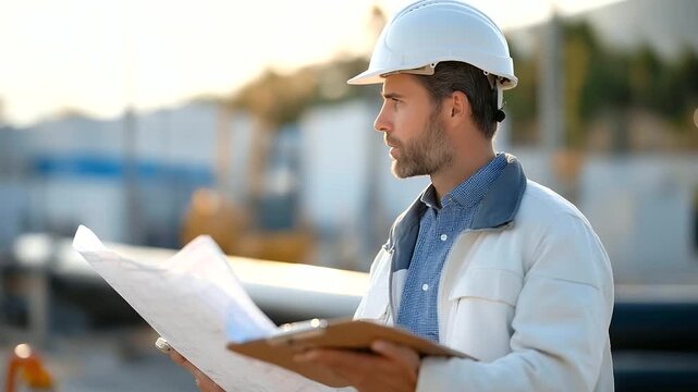 An engineer examines a pipeline blueprint in a field office with maps pinned a clipboard noting specs a hard hat nearby and a pipeline visible outside shown in a technical pho