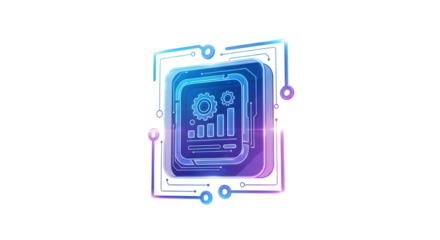 Abstract 3d cube with glowing neon circuit lines and data visualization elements, isolated on transparent background