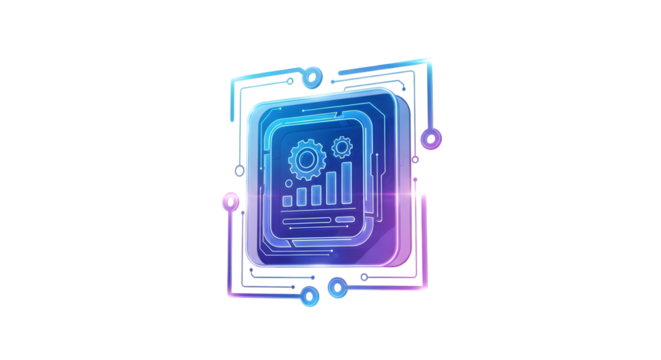 Abstract 3d cube with glowing neon circuit lines and data visualization elements, isolated on transparent background