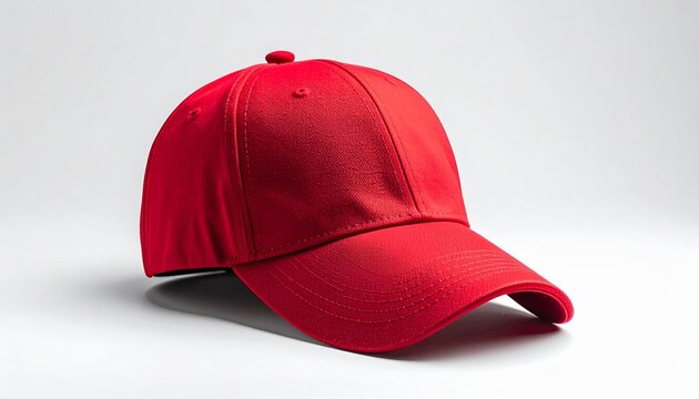 Red baseball cap with curved brim and structured crown on white background - Powered by Adobe