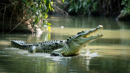Fototapeta premium Crocodile in Water with Open Mouth Wildlife Animal Reptile