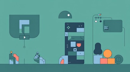 Abstract modern illustration with geometric shapes and digital elements representing technological concept of design and interaction.