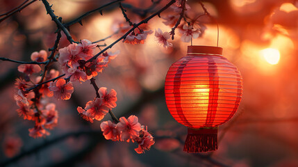 Traditional red Chinese lantern hanging from a cherry blossom branch at sunset, surrounded by soft petals and warm golden light in the sky