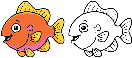 Cute Cartoon Fish Coloring Book Page - Orange Fish with Outlined Version for Children