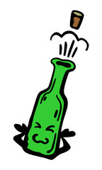 Colorful vector illustration, in cartoon style, of a bottle of champagne being briskly uncorked on a white isolated background