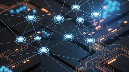Abstract network and communication technology illustration with illuminated nodes and data transfer pathways visualized