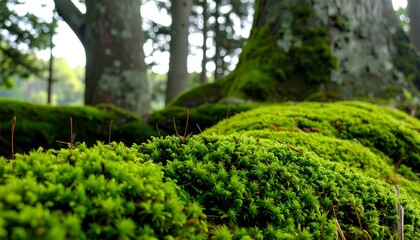 Lush, green moss blankets the forest floor near trees in a tranquil, outdoor scene