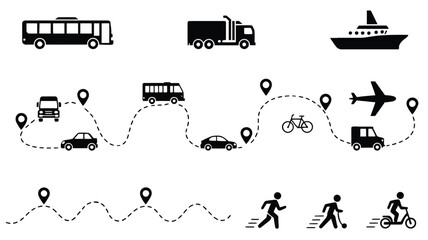 vector icons of various transport vehicles with dashed route paths