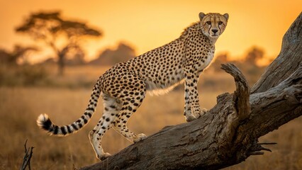 Obraz premium Cheetah Standing on Branch in Golden Light African Wildlife