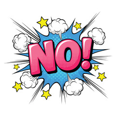 Comic style illustration of the word no with stars and clouds on transparent background