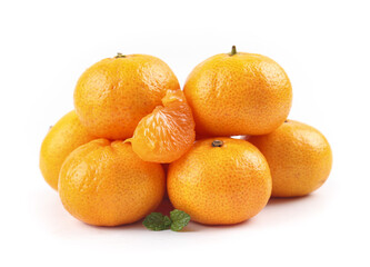 Fresh Small Seedless Oranges with Peeled Segment and Mint Leaf on White Background