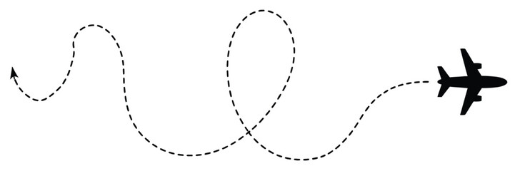 vector illustration of an airplane flying along a dashed flight path