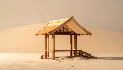 Fototapeta premium Miniature wooden gazebo with pitched roof and bench on neutral background