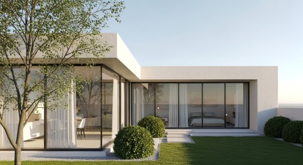 Modern minimalist house with expansive glass windows and a lush green lawn.