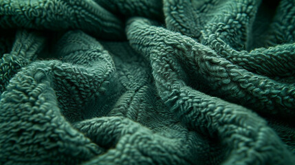 Macro view of recycled green polyester fleece with visible soft weave and eco-friendly tone, evenly lit for clean detail
