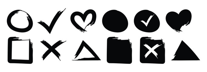 Set basic brush geometric shapes paint ink stroke. Scribble square shape text boxes. Geometric figures like love, rectangle, circle, tick, cross Vector illustration. 