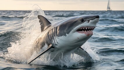 Fototapeta premium Great White Shark Breaching Ocean Surface with Sailboat Background