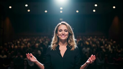 Woman speaker on stage with audience. Female presenter giving public speech or keynote address at conference. Business training meeting footage.