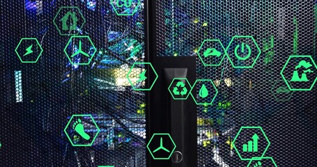 Fototapeta premium Displaying server rack mesh door revealing networking cables in data center, with green eco icons
